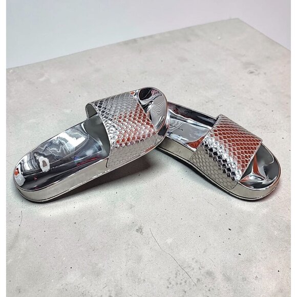 Shoes - Metallic Silver Open-Toe Slide Sandals With Textured Upper & Clear Rubber Soles